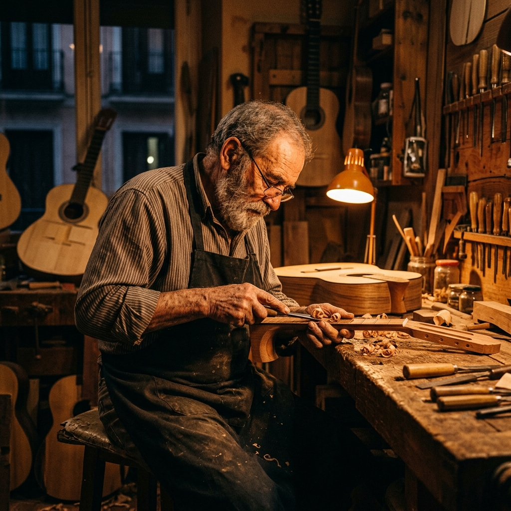 Master luthier carving guitar neck